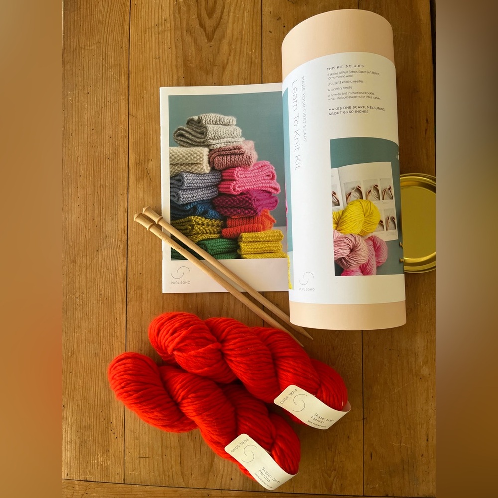 Purl Soho Learn To Knit
Scarf Knitting Kit, Super Soft Merino Yarn in Red Poppy